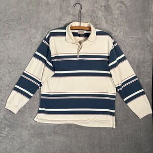 Vintage Arizona Jean Men XL Rugby Polo Shirt Long Sleeve Striped Cream Navy Blue